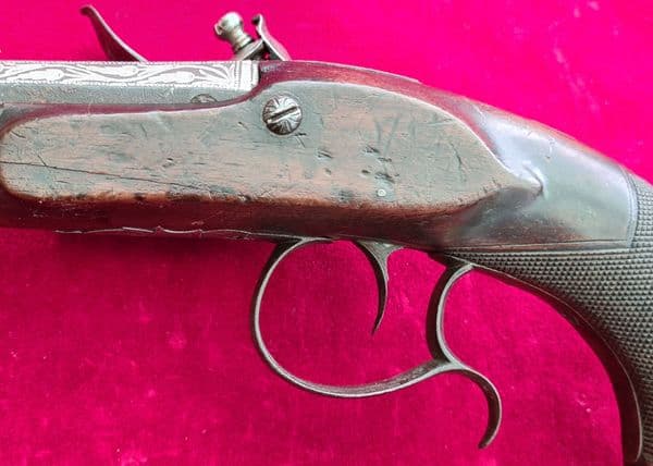 A fine Napoleonic era British silver inlaid Flintlock duelling Pistol, FOR SALE. Ref 9937.